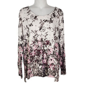 Pure Jill Top Womens Large Scoop Neck High Low Floral Print Long Sleeve Cotton